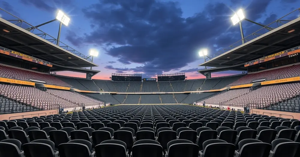 arquibancada de estádio de futebol vazia ao entardecer