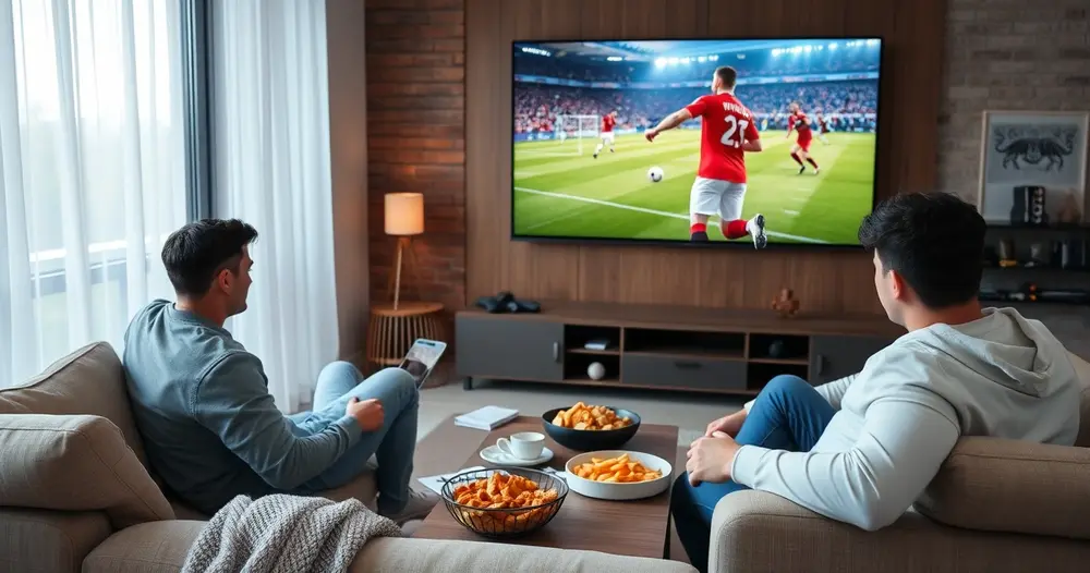 sala com televisão transmitindo partida de futebol ao vivo