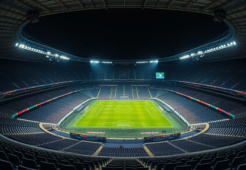 Estádio de futebol vazio à noite, com os refletores acesos