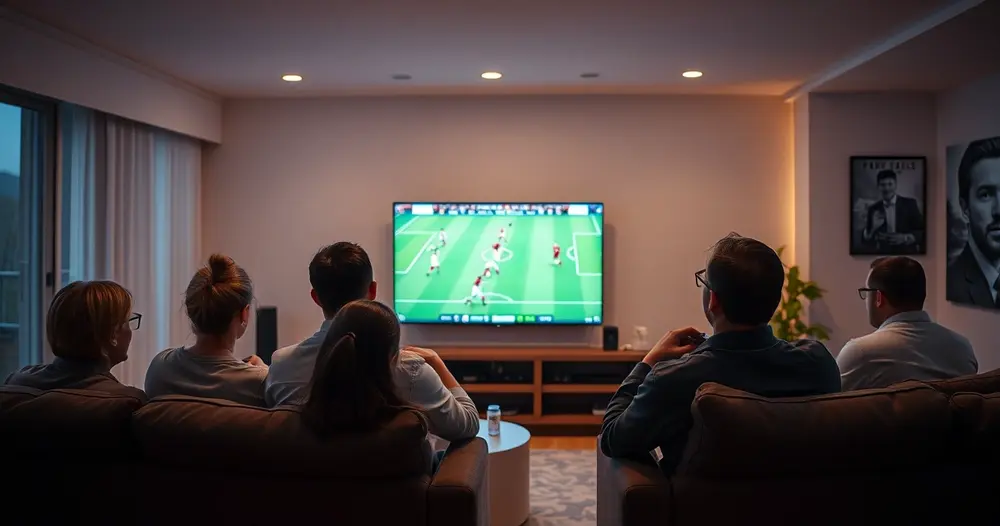 torcedores assistindo partida de futebol na televisão da sala