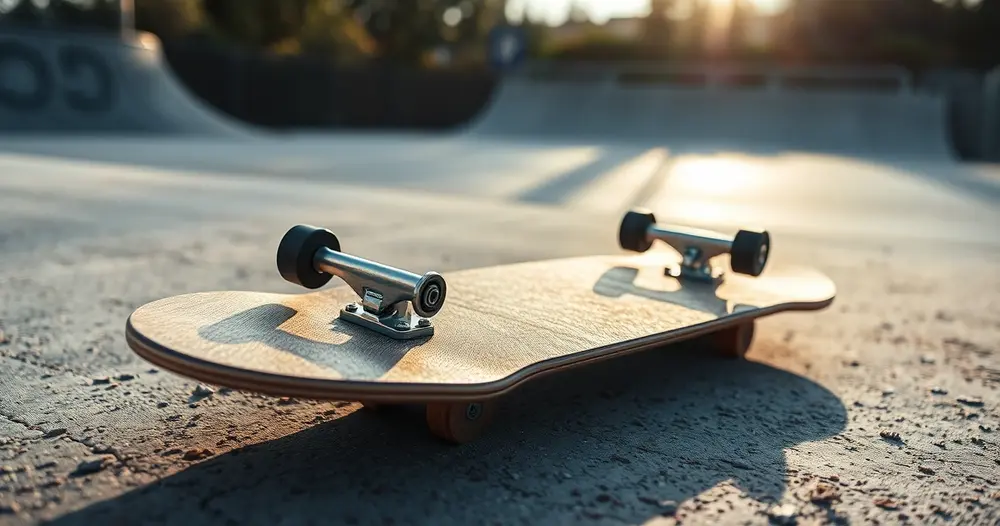 Skate completo apoiado sobre piso de concreto em pista, com lixa desgastada e rodas visíveis