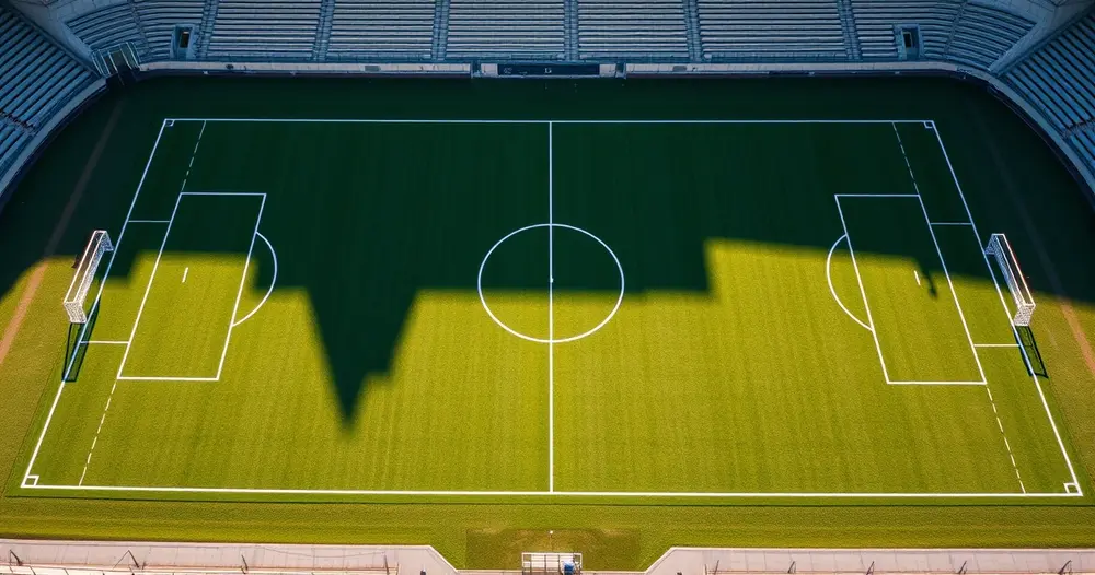 Vista aérea de campo de futebol vazio com linhas brancas demarcadas e círculo central