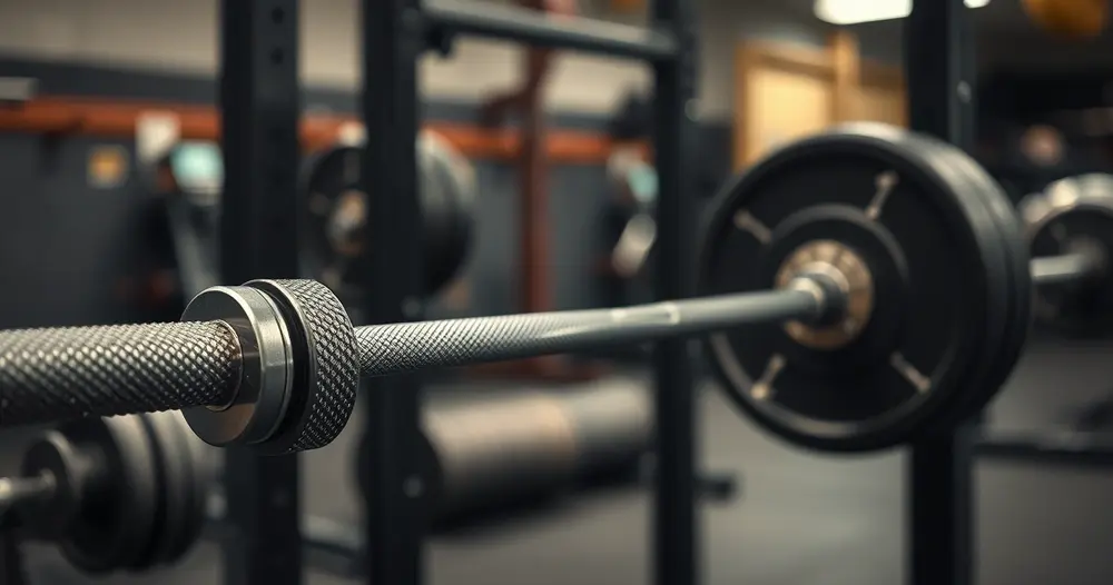 Barra olímpica de aço apoiada em suporte de agachamento em academia vazia, com relevo do grip em foco